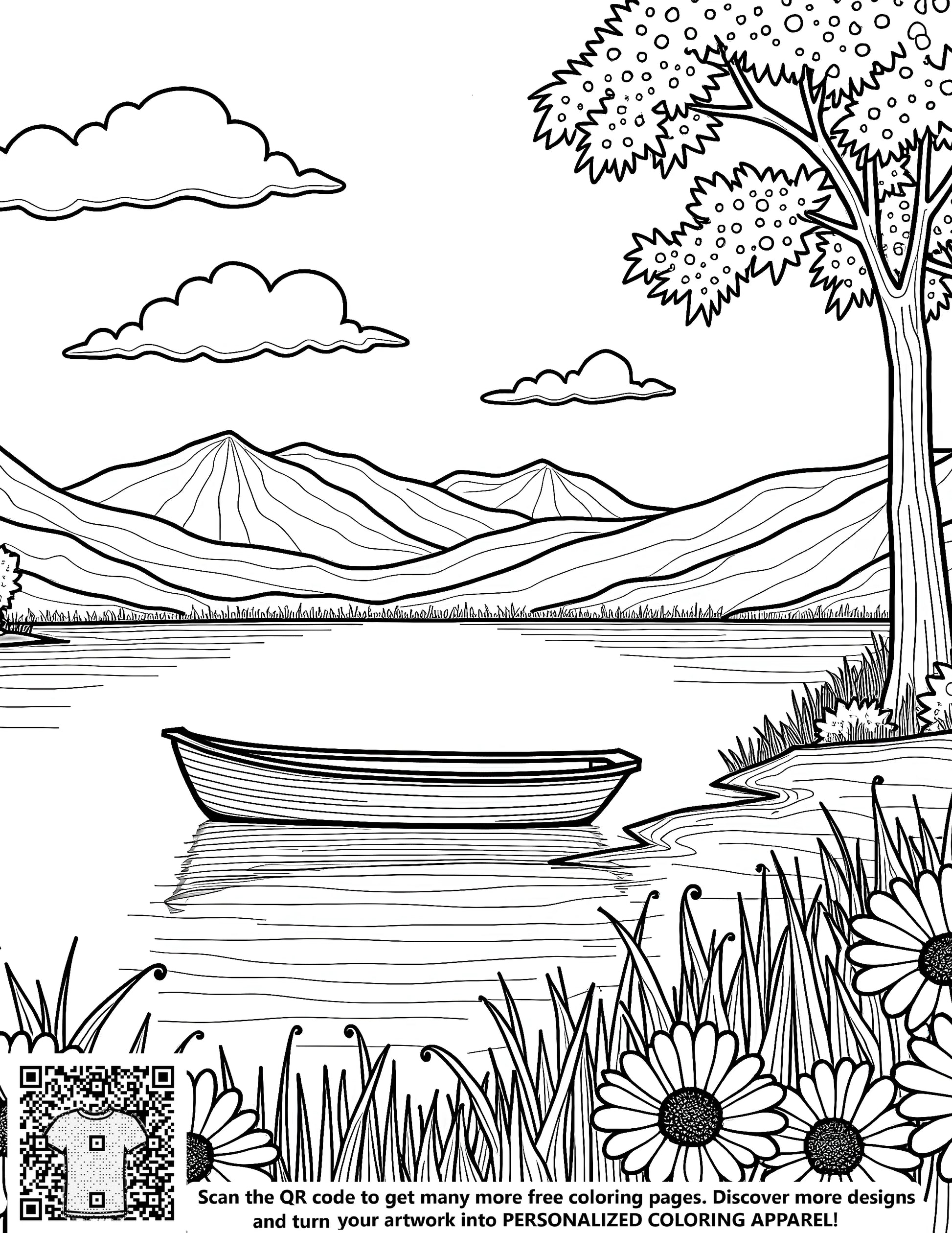Relaxing lakeside scene free coloring page with boat on lake, mountains, trees and flowers