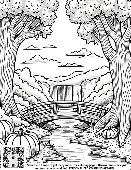 A serene nature scene featuring tall trees, a small river with a bridge, pumpkins scattered along the banks - free coloring page illustration