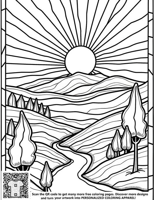 FREE Sunset Over Rolling Hills Coloring Page Download