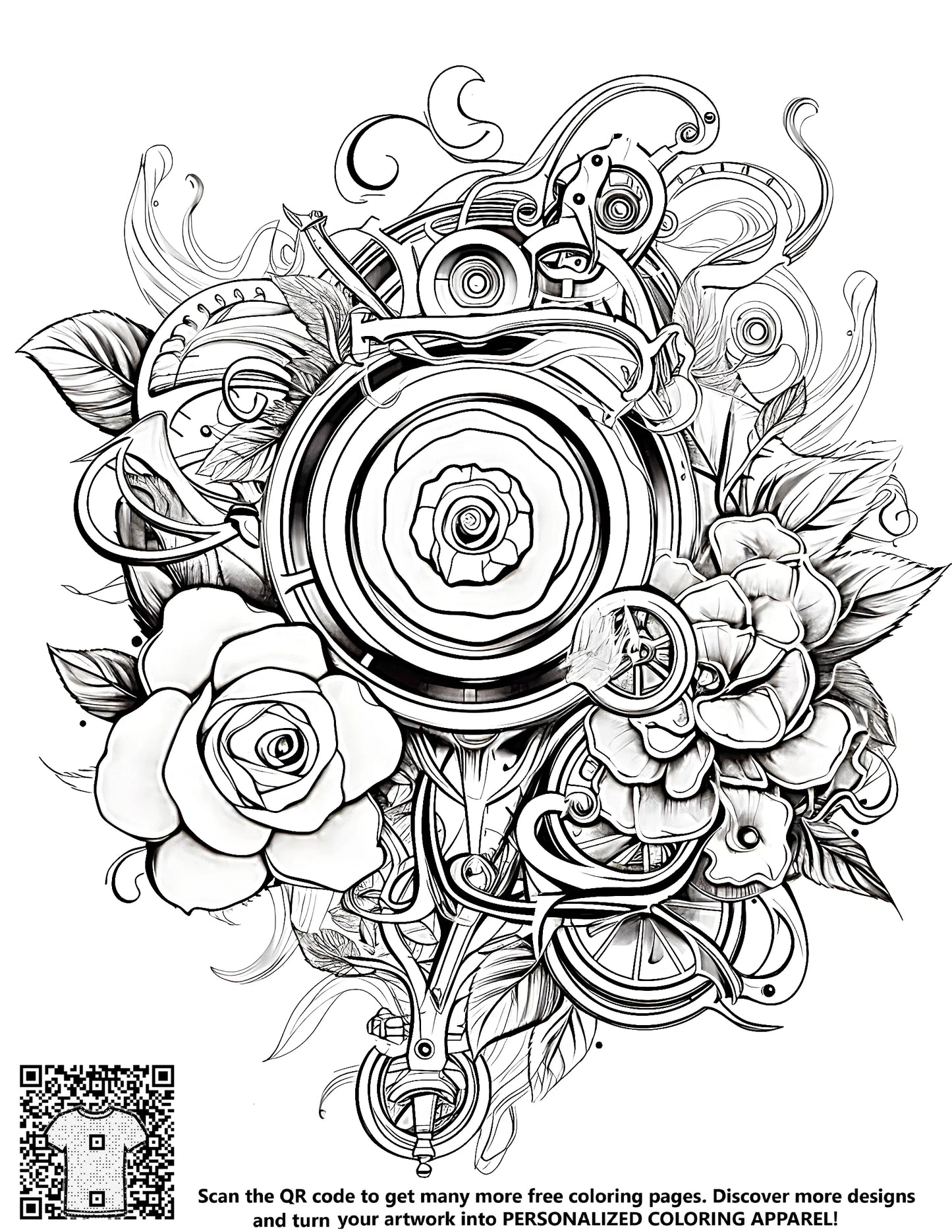 FREE Intricate Roses and Mechanical Elements Coloring Page Download