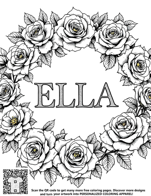 FREE Rose Wreath Coloring Page with 'ELLA' - Printable Download