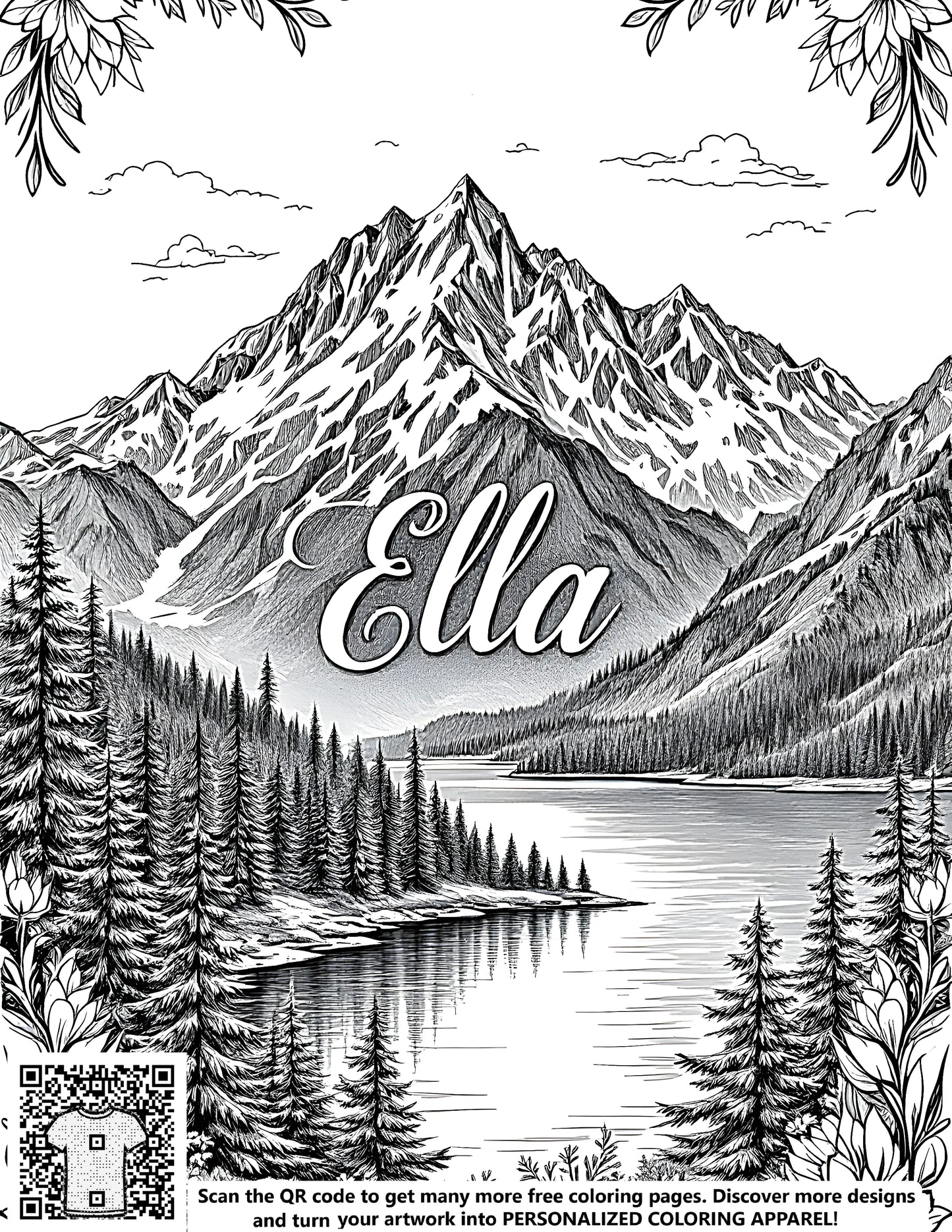FREE Mountain Landscape Coloring Page - Serene Nature Scene with Floral Borders - Download NOW