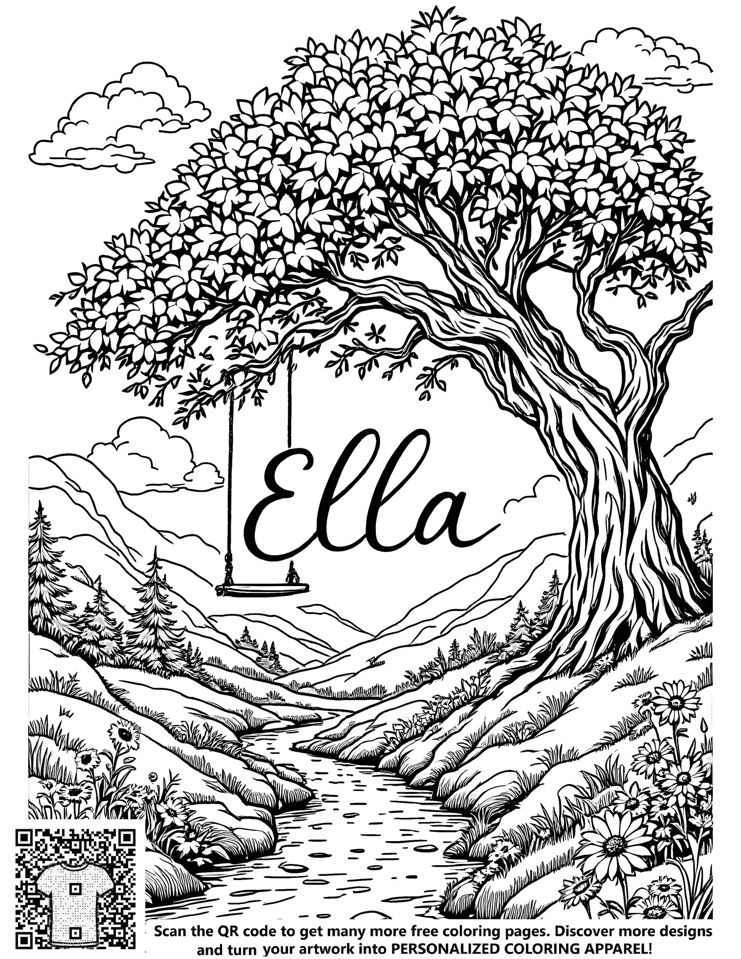 FREE Nature Scene Coloring Page Download - Ella's Tranquil Tree Swing