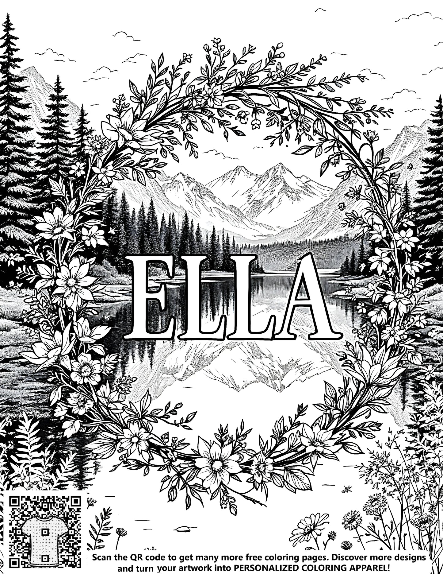 FREE Floral Wreath Coloring Page - Serene Mountain and Lake Background - Download NOW