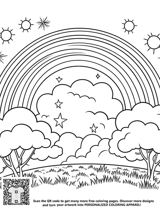 FREE Lush Landscape Coloring Page - Rainbow & Clouds Printable Download