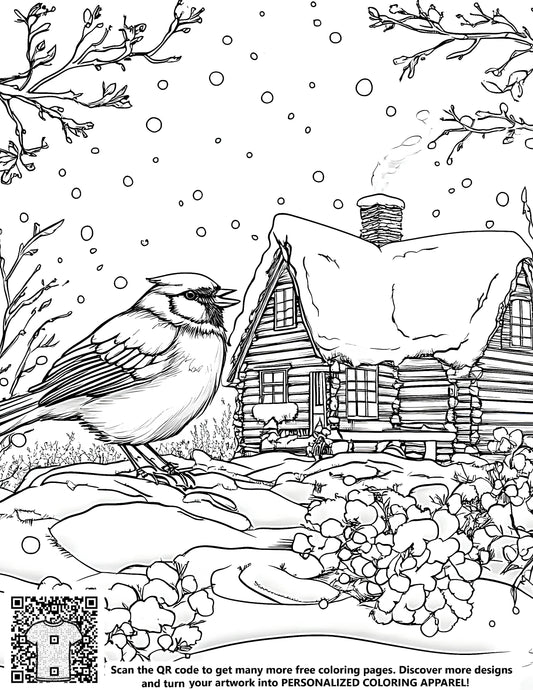 FREE Rustic Cottage in Snowy Landscape Coloring Page - Download NOW