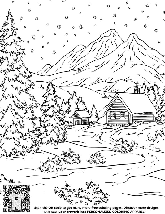 FREE Winter Wonderland Coloring Page - Serene Cabin & Snowy Mountains Printable Download