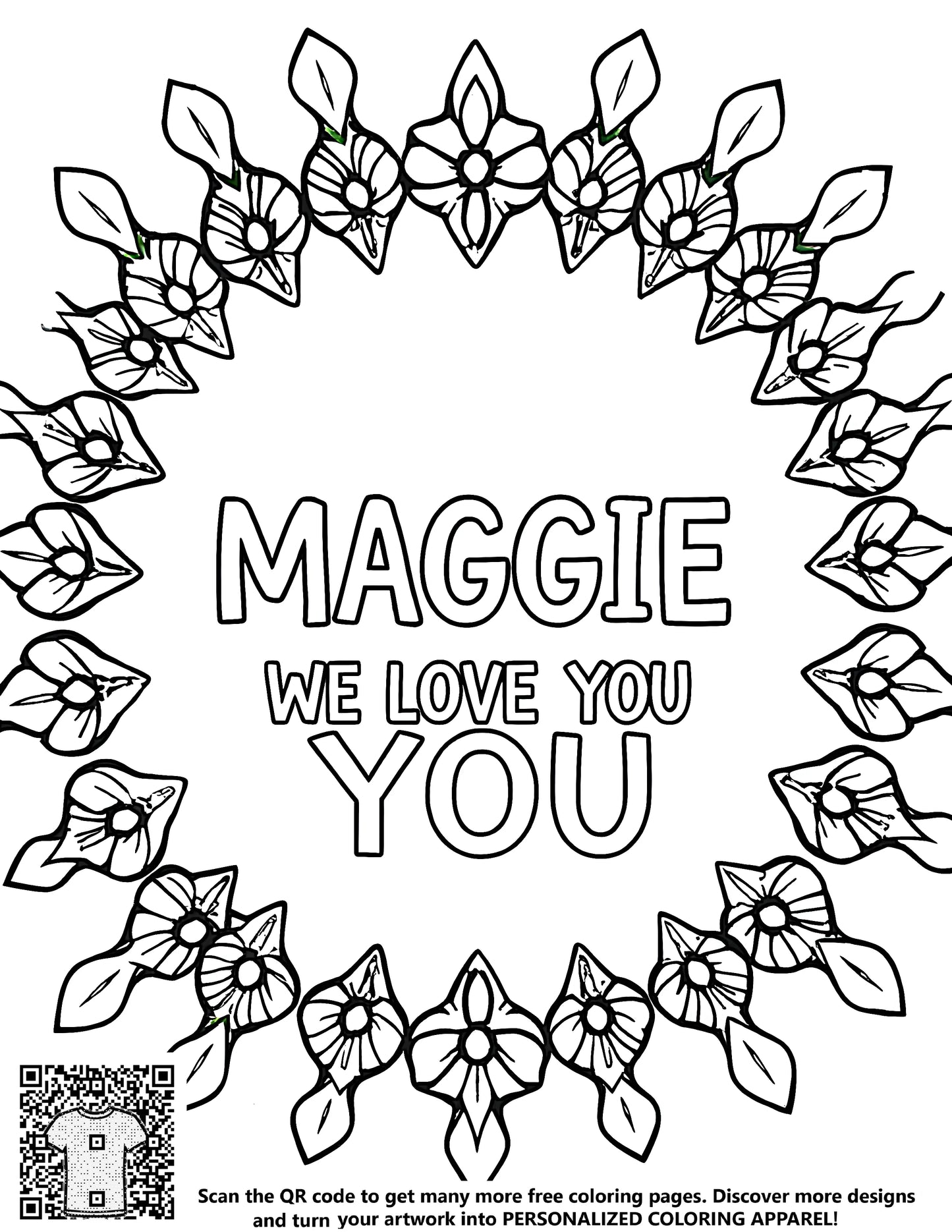 FREE Floral Wreath Coloring Page - 'Maggie, We Love You' Printable Download