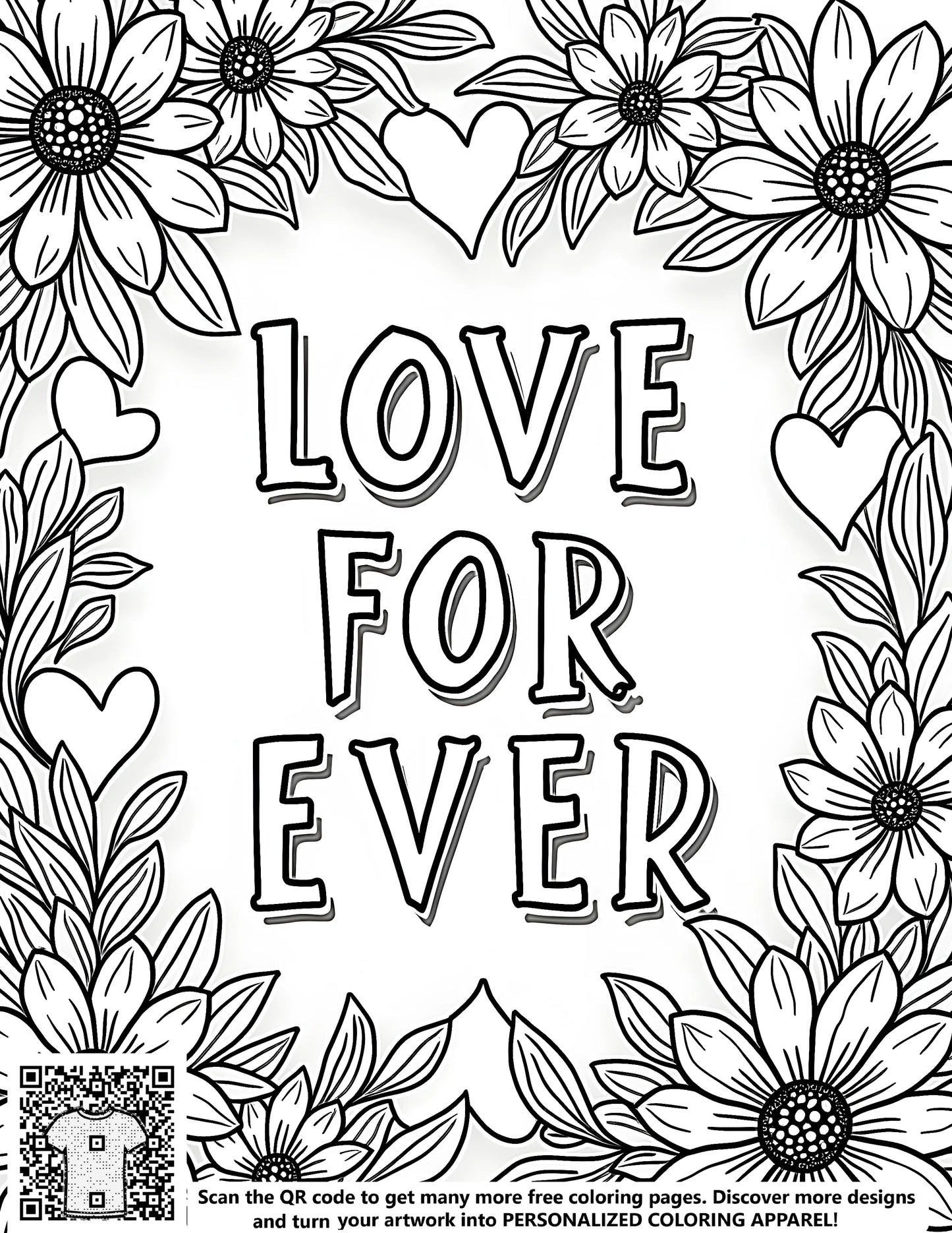 FREE Love Forever Flowers and Hearts Coloring Page Download