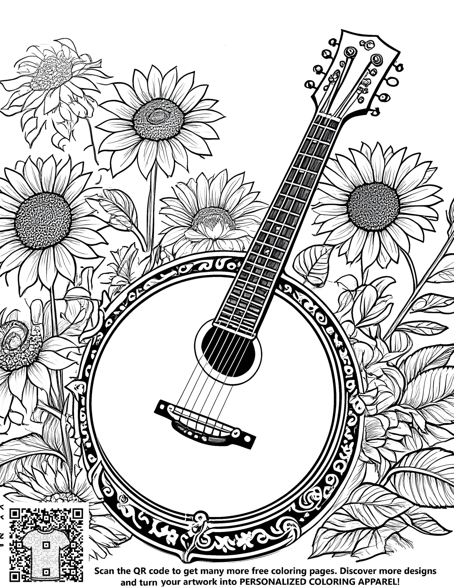 FREE Banjo and Sunflowers Coloring Page Download