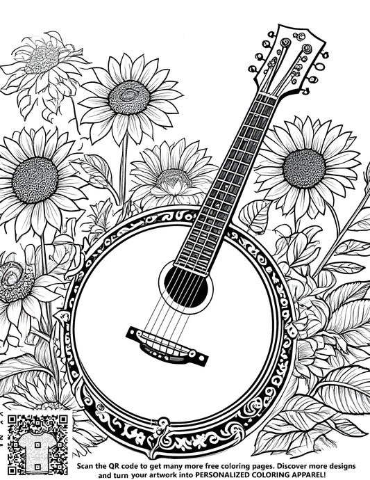 FREE Banjo and Sunflowers Coloring Page Download