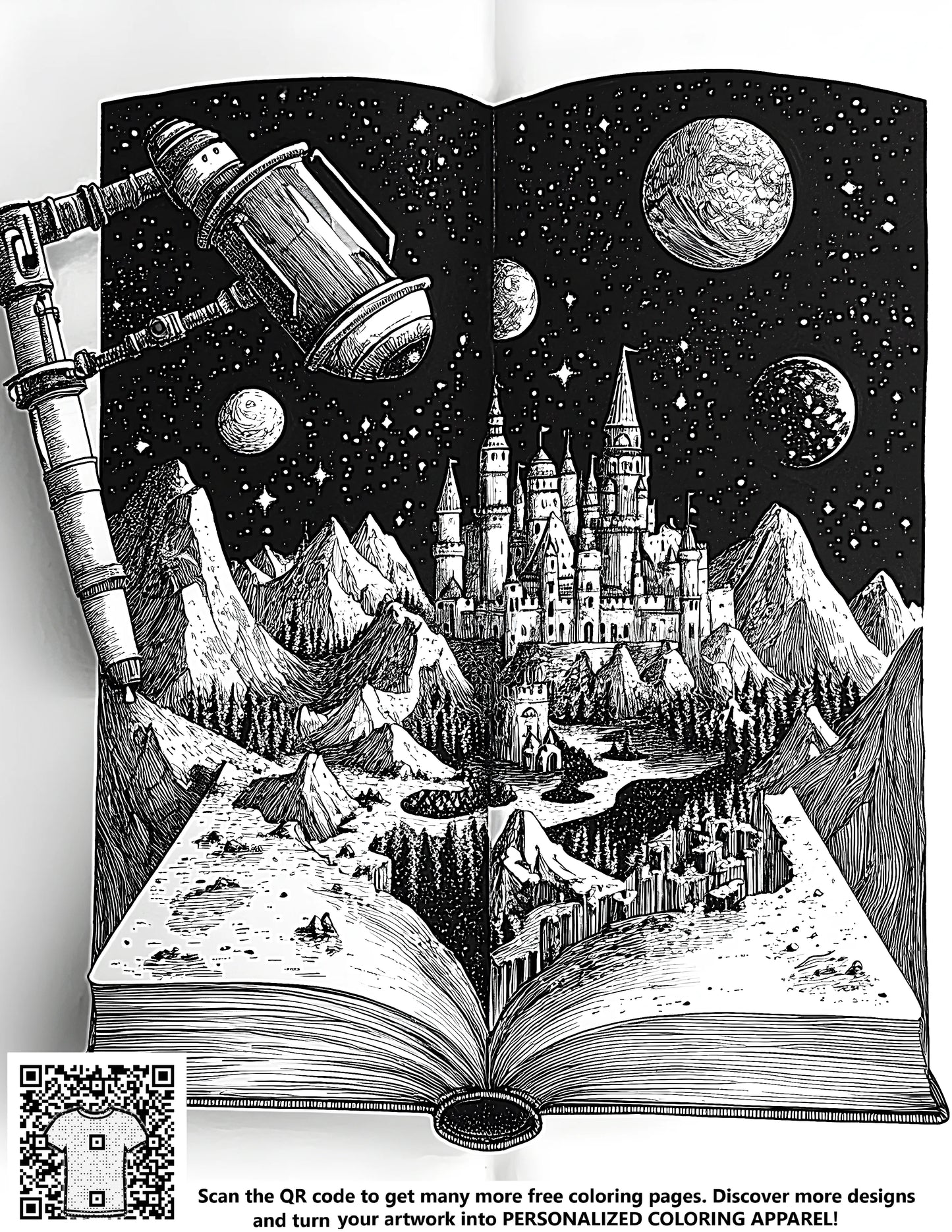 A free coloring page featuring an enchanting fantasy fortress illustration, medieval-style castle art, mythical kingdom scene with mountains and stars, perfect for kids and adults alike.