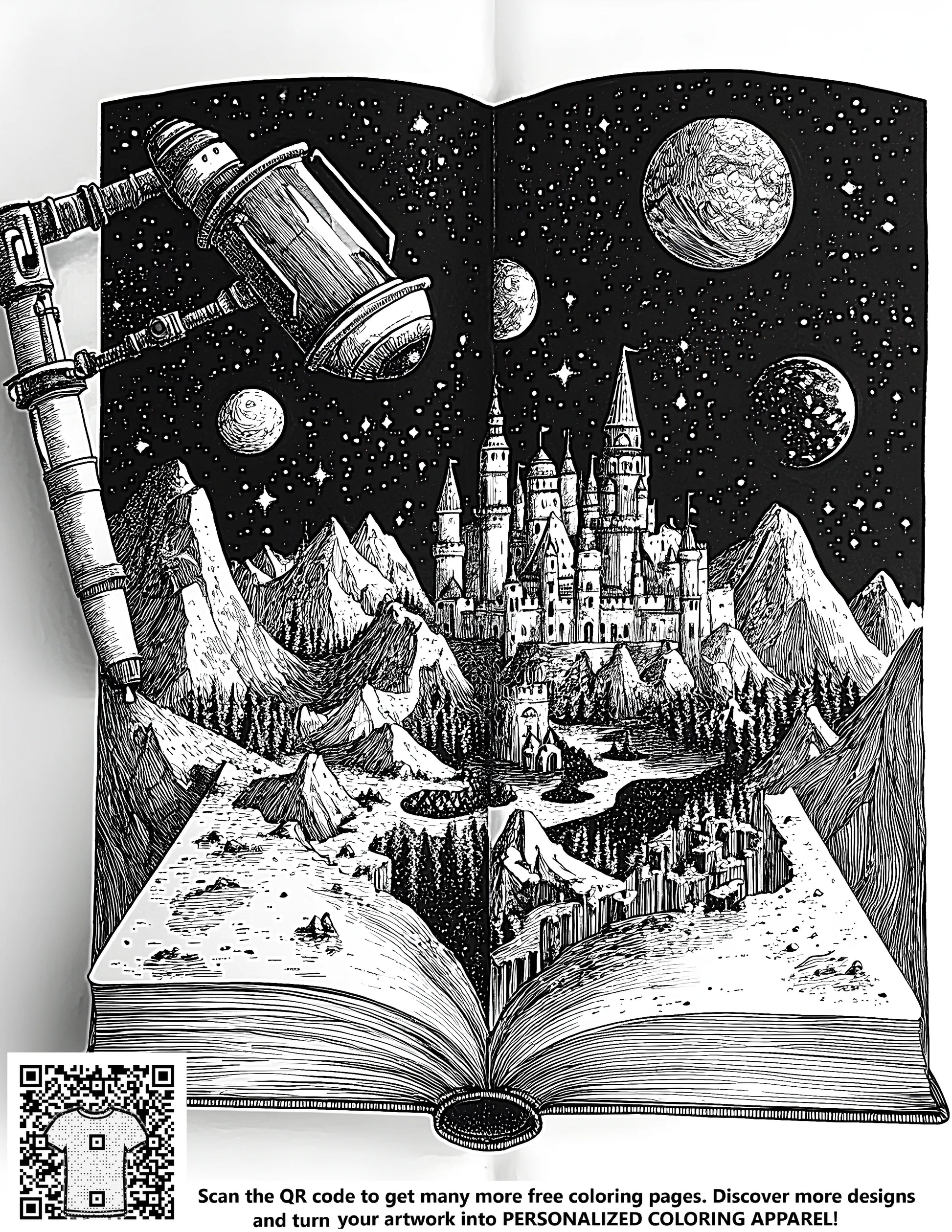 A free coloring page featuring an enchanting fantasy fortress illustration, medieval-style castle art, mythical kingdom scene with mountains and stars, perfect for kids and adults alike.