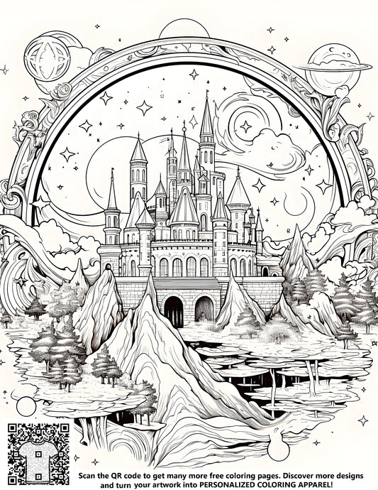 FREE Fantasy Castle Coloring Page - Intricate Line Drawing with Towers, Mountains, and Stars - Download NOW