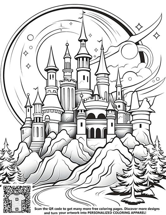 FREE Castle Coloring Page - Printable Black and White Drawing with Moon and Stars