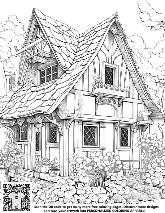 FREE Cottage Coloring Page - Printable Black and White Drawing with Detailed Plants and Flowers