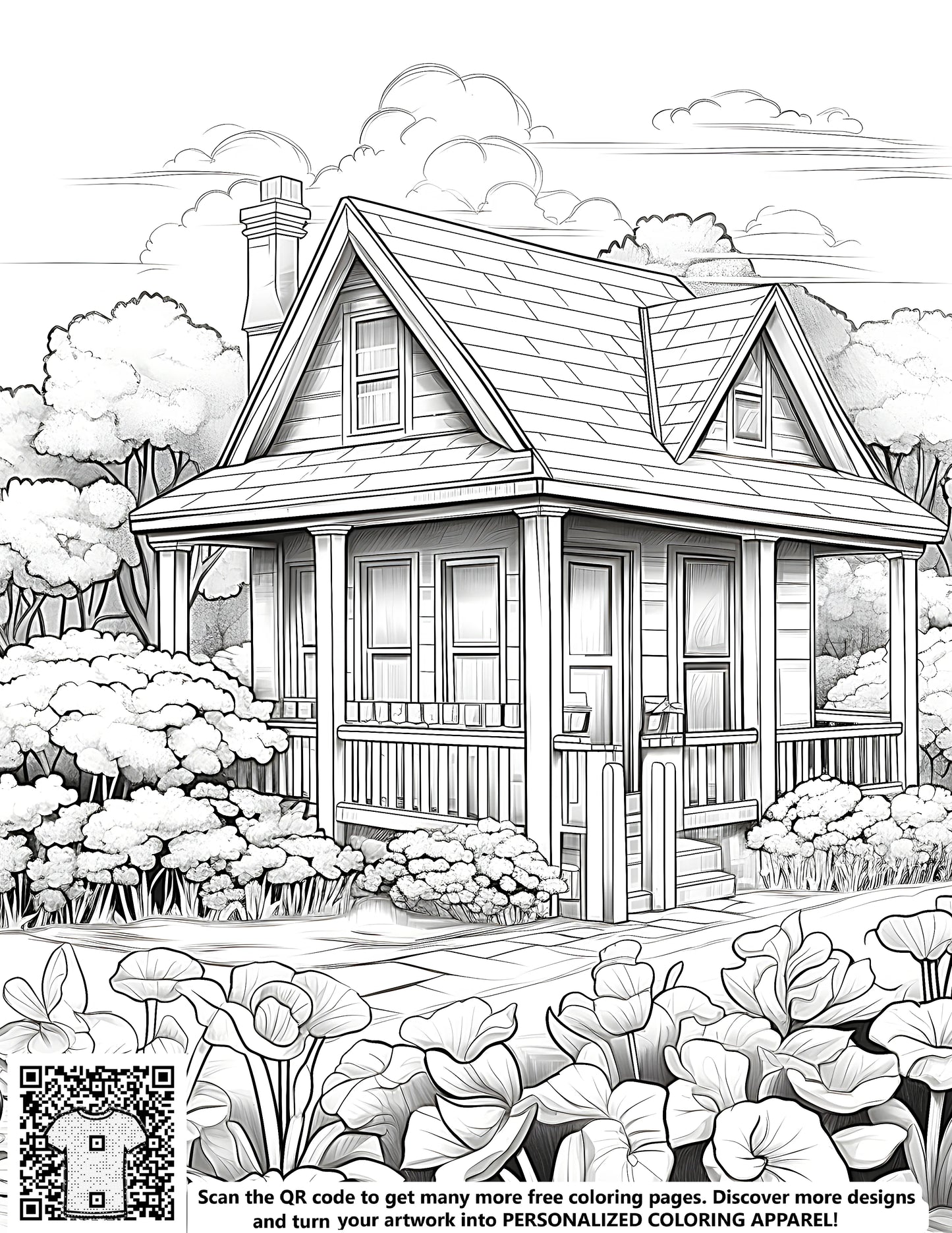 FREE Cozy Cottage House Coloring Page - Printable Garden and Trees Download