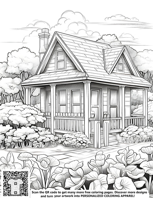 FREE Cozy Cottage House Coloring Page - Printable Garden and Trees Download