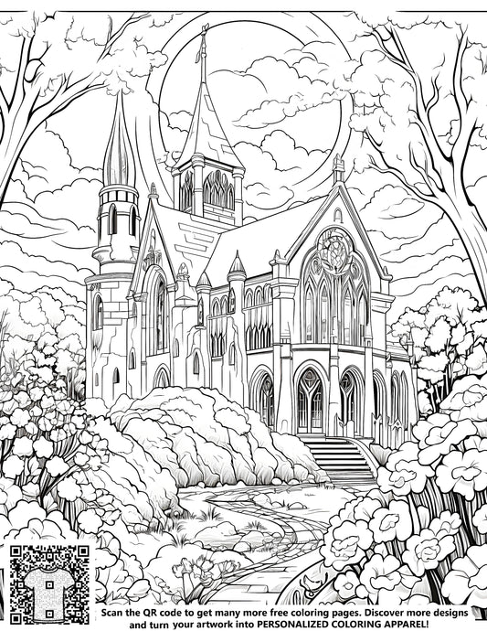 FREE Gothic Cathedral Coloring Page with Scenic Pathway - Download NOW