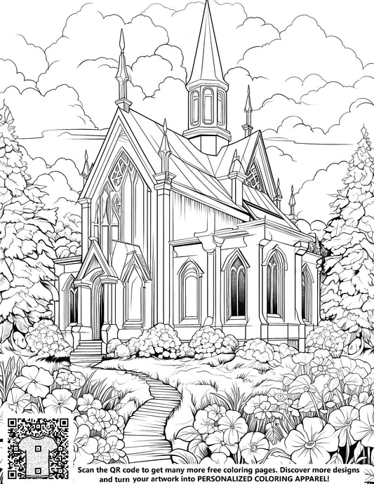 FREE Gothic Church Coloring Page - Printable Nature Scene Download