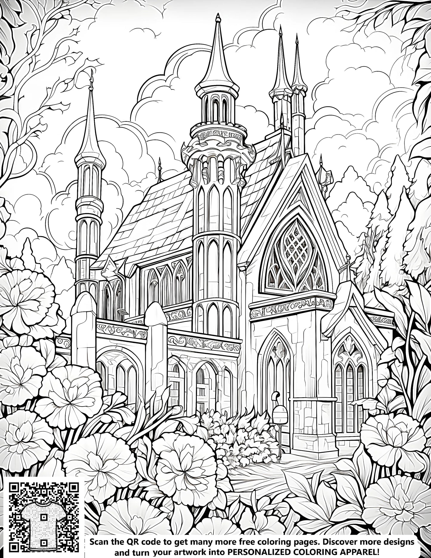 FREE Gothic Cathedral Coloring Page with Flowers and Trees - Printable Download