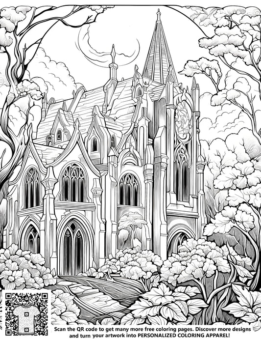 FREE Gothic Cathedral Coloring Page - Detailed Architectural Sketch with Lush Trees - Download NOW