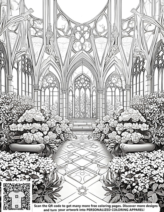 FREE Gothic Castle Garden Coloring Page - Intricate Black-and-White Printable Download