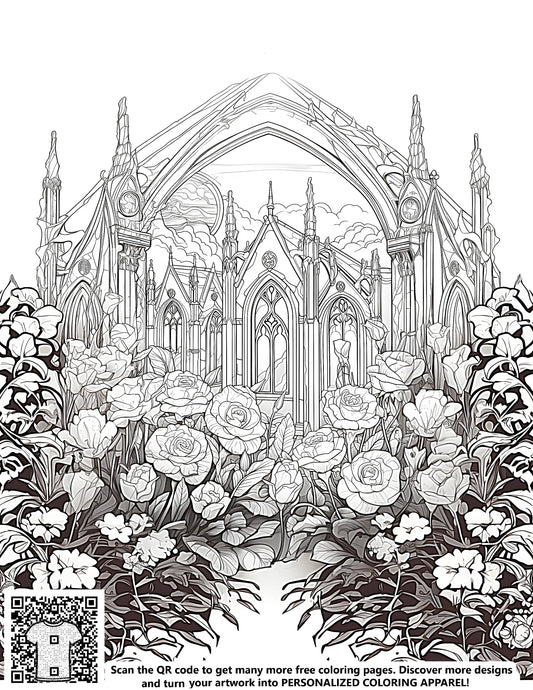 FREE Gothic Cathedral Coloring Page with Floral Garden - Printable Download