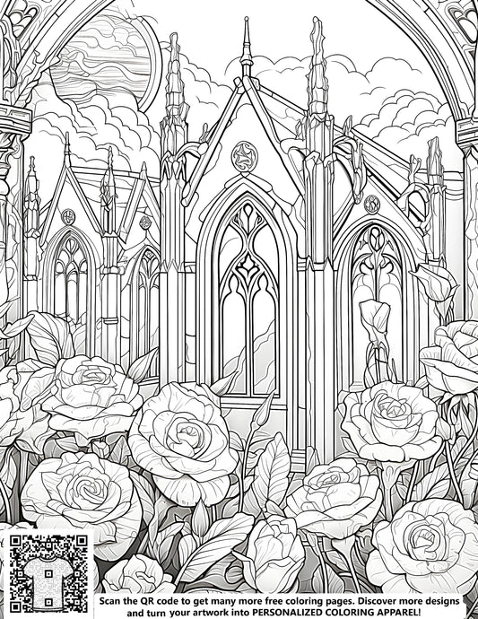 FREE Gothic Cathedral and Blooming Roses Coloring Page - Printable Download