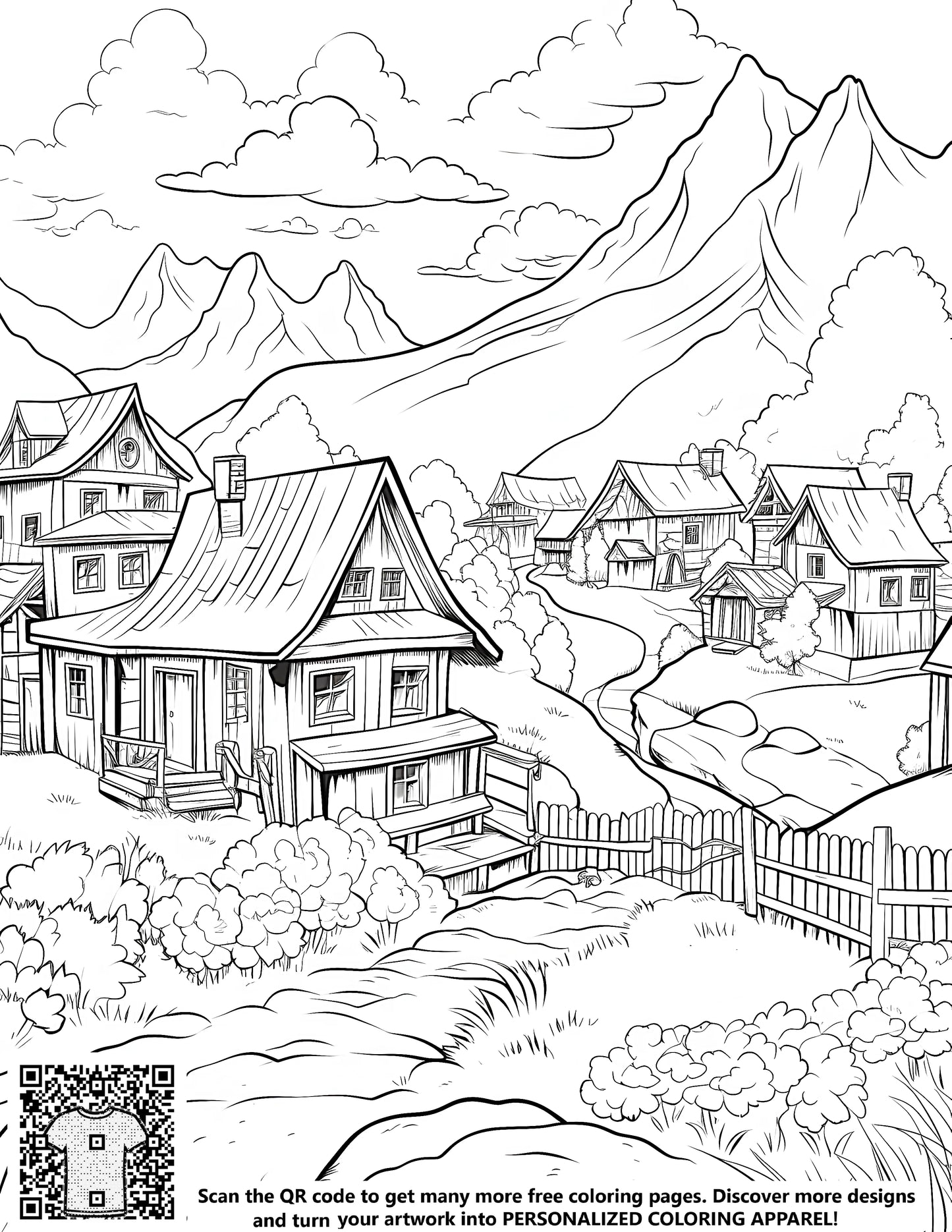 Free Coloring Page Coloring Kit with 10 Fabric Markers - Mountain Village