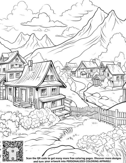 Free Coloring Page Coloring Kit with 10 Fabric Markers - Mountain Village