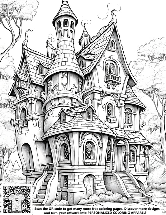 FREE Fantasy House Coloring Page - Detailed Black and White Illustration with Towers and Trees - Download NOW