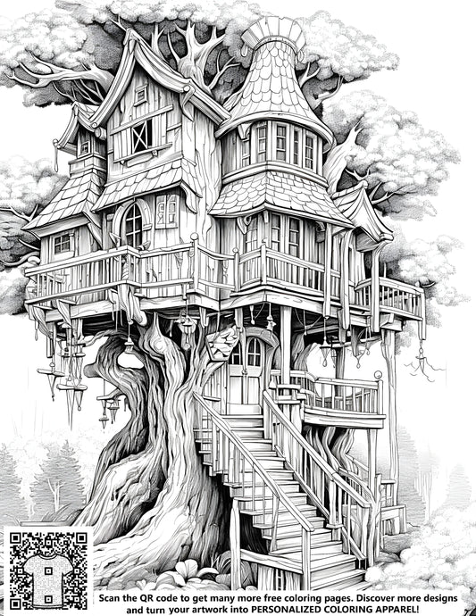 Whimsical forest scene with detailed treehouse drawing for free coloring page