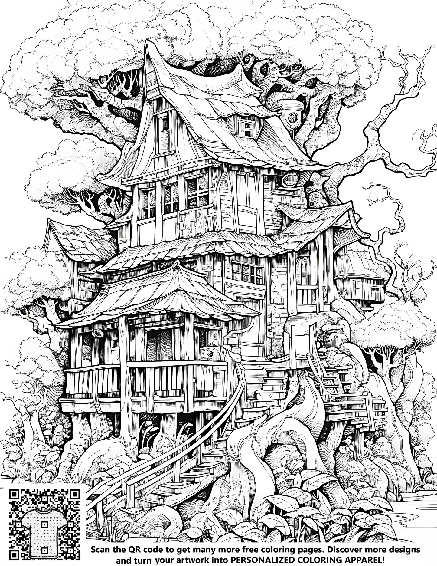 Detailed treehouse coloring page illustration, free coloring kit, fabric markers, and creative hobbies