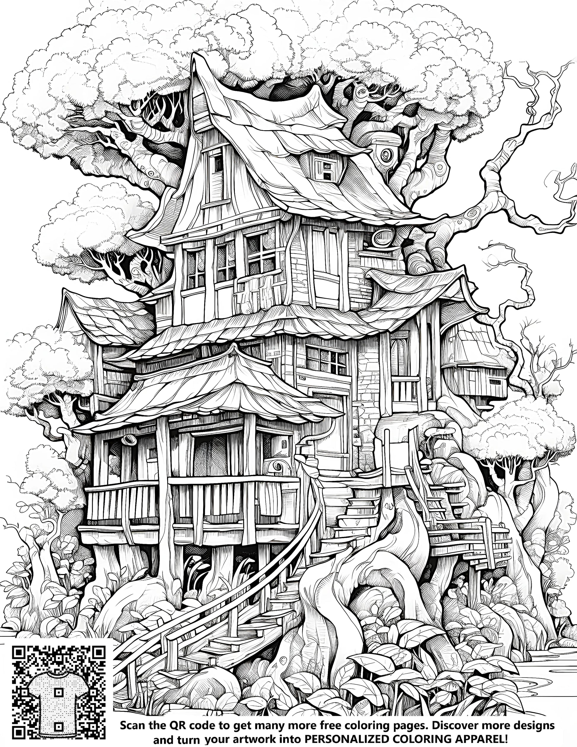 Detailed treehouse coloring page illustration, free coloring kit, fabric markers, and creative hobbies
