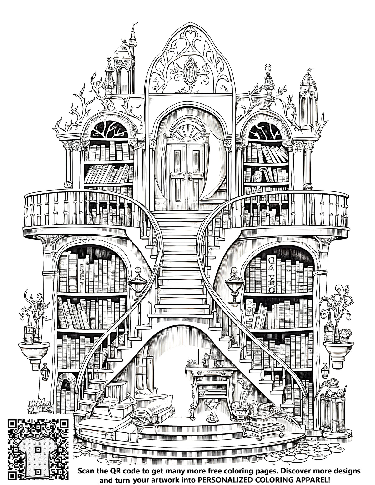 FREE Vintage Library Coloring Page with Grand Double Staircase - Print ...