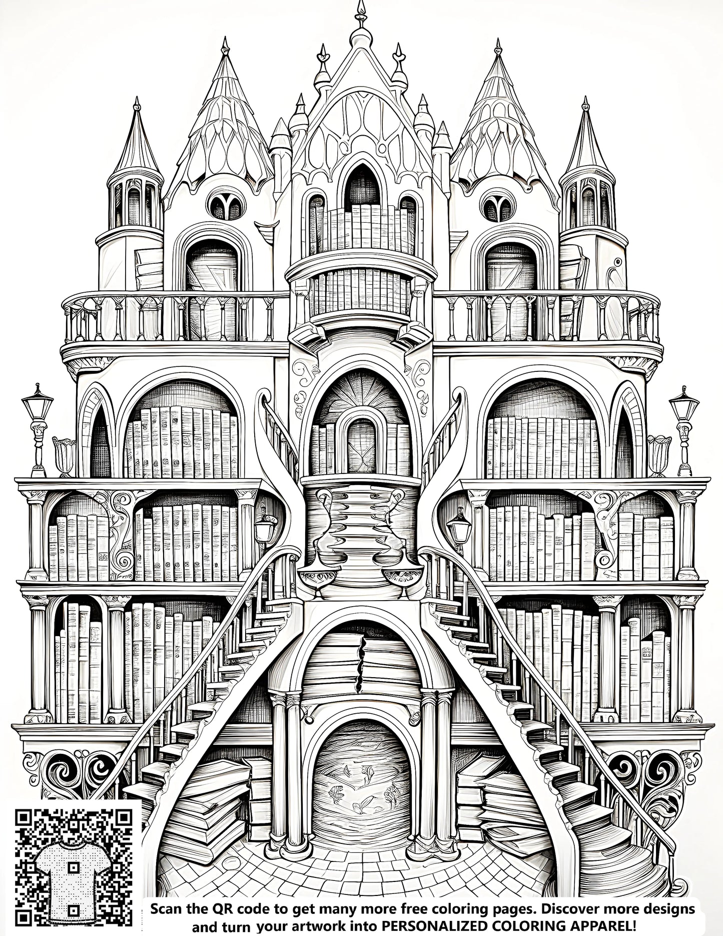 Intricate black-and-white drawing fantasy library castle free coloring page art supplies