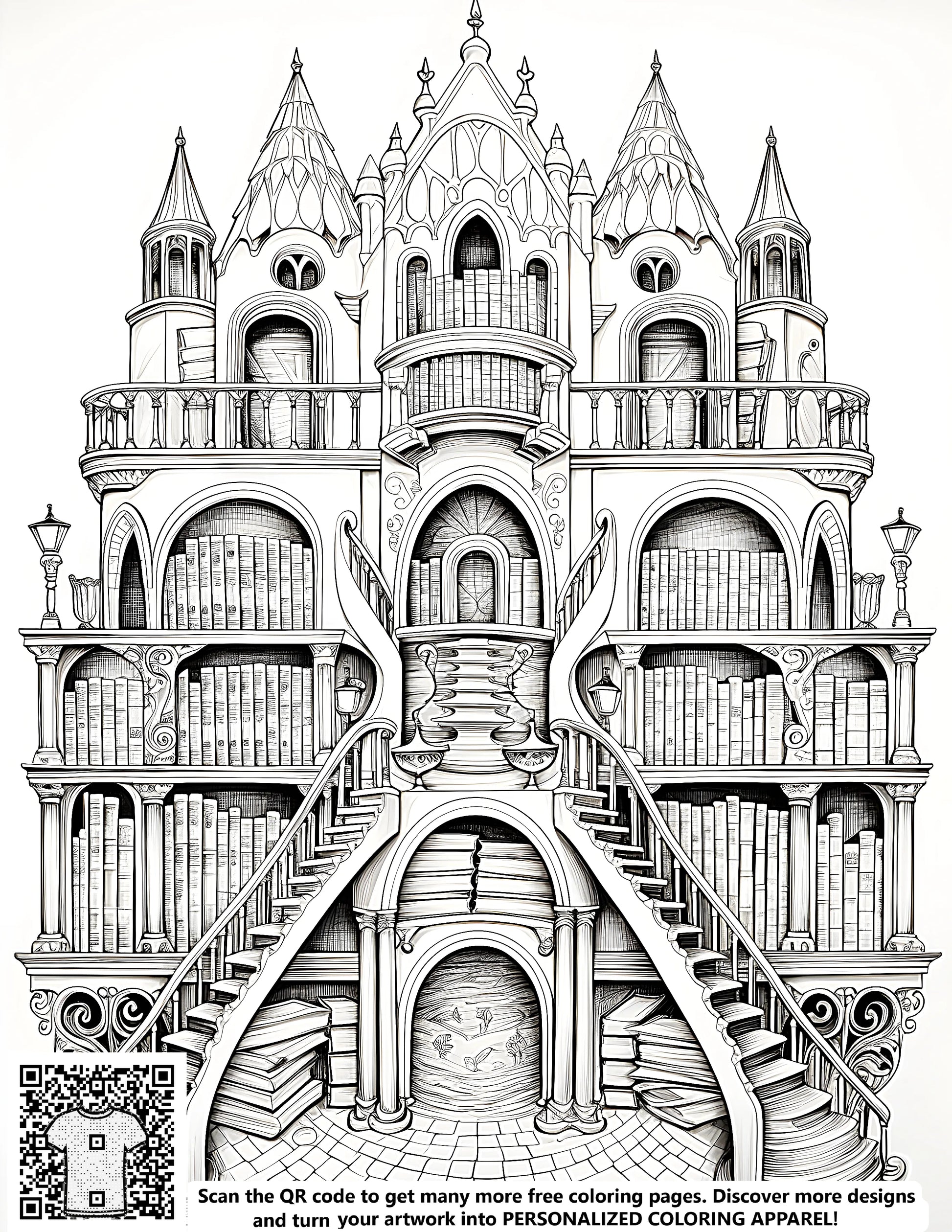Intricate black-and-white drawing fantasy library castle free coloring page art supplies