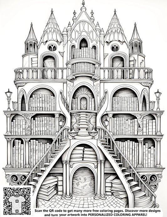 FREE Fantasy Library Castle Coloring Page - Printable Intricate Design