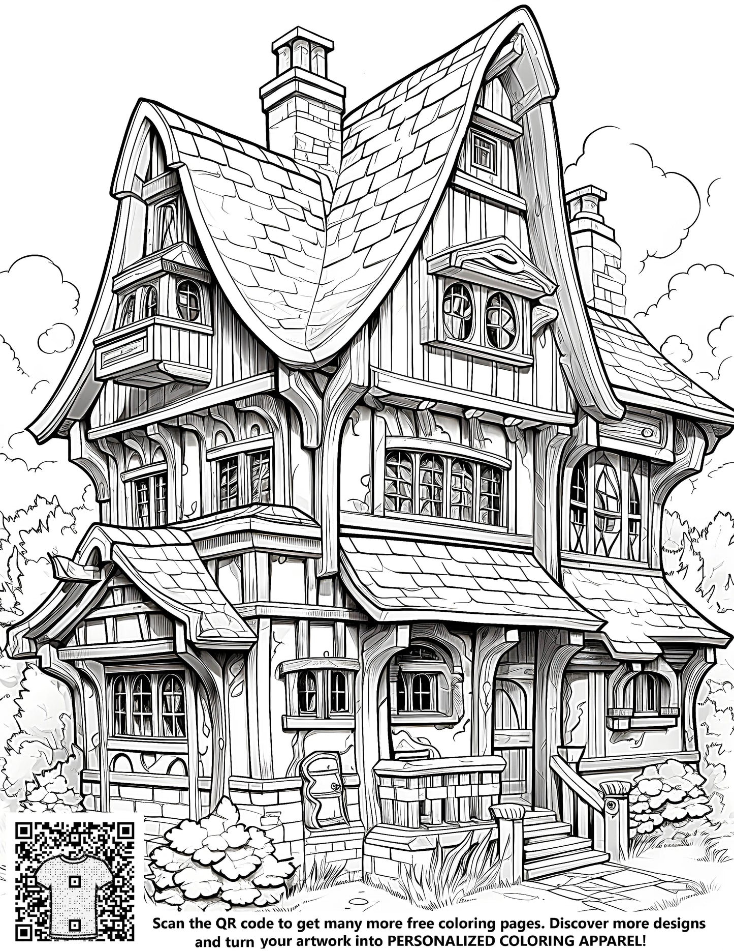 FREE Cottage Coloring Page - Detailed Multi-Story Wooden House with Sloped Roof and Chimney - Printable Download