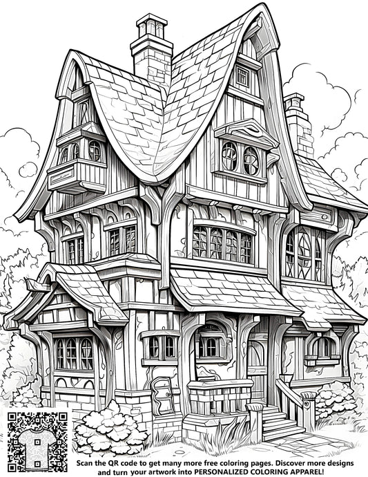 FREE Cottage Coloring Page - Detailed Multi-Story Wooden House with Sloped Roof and Chimney - Printable Download