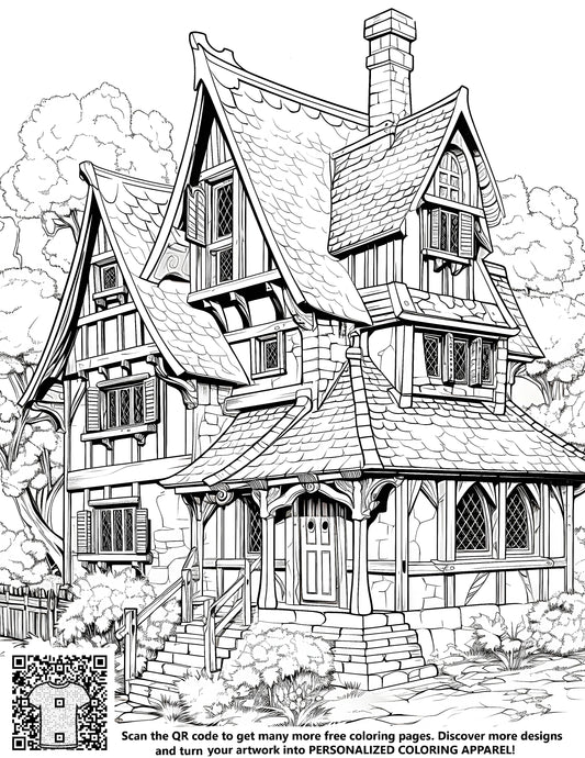 FREE Cottage Coloring Page - Printable Detailed Line Drawing with Gabled Roofs and Trees