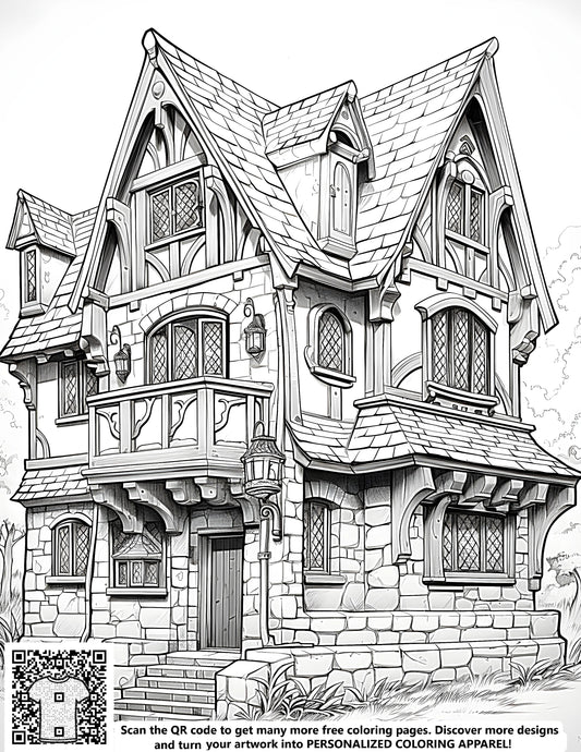 FREE Cottage Coloring Page - Printable Stone and Wood Cottage with Balcony and Trees Download