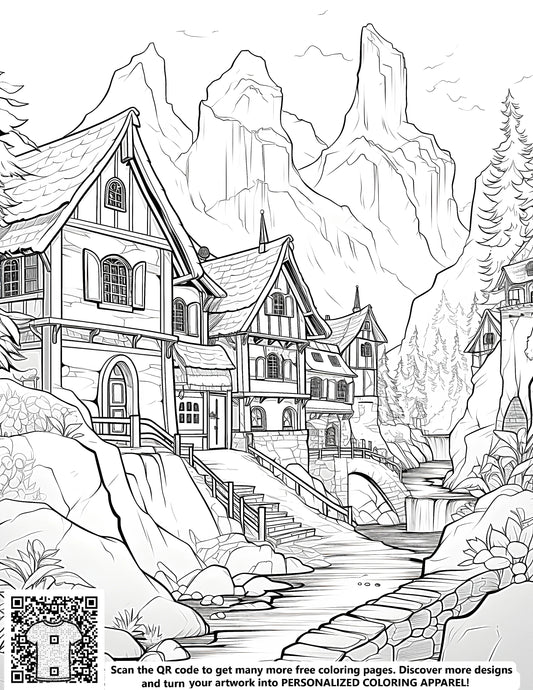 FREE Mountain Village Coloring Page - Download NOW