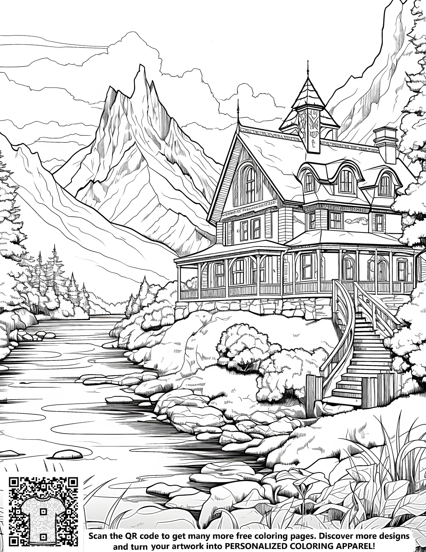 Detailed illustrations of mountain cabins, cozy retreats by river, majestic mountains and trees