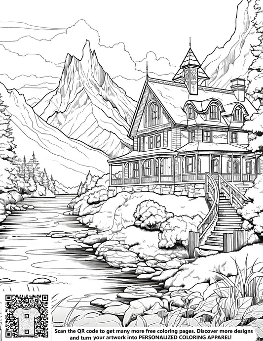 FREE Mountain Cabin by the River Coloring Page Download