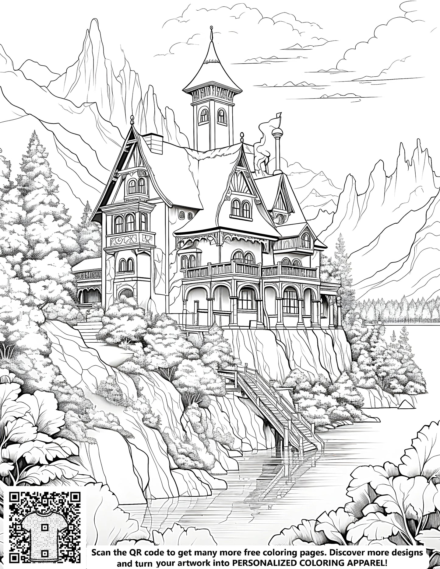 FREE Elegant House on Mountain Slope Coloring Page - Download NOW