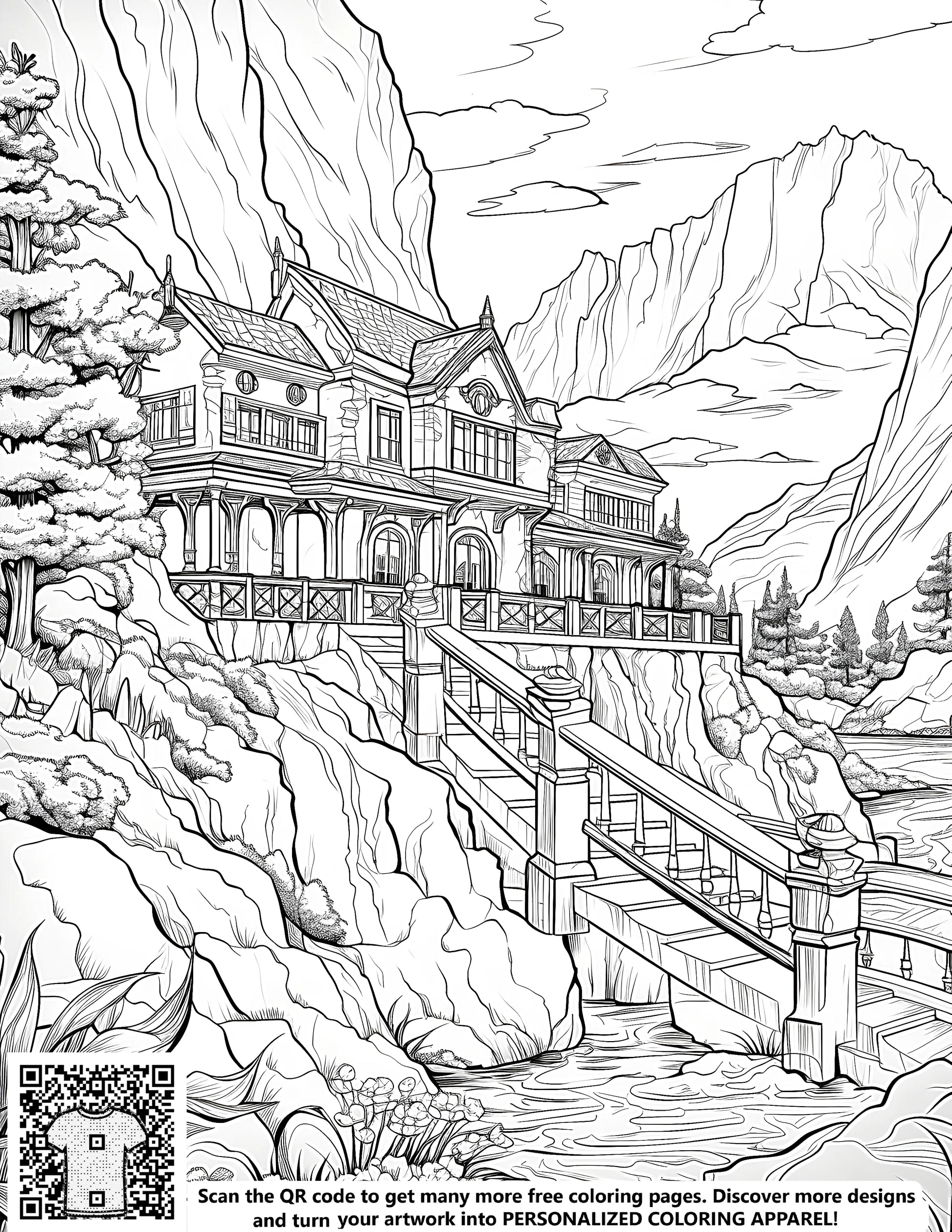 Intricate mountain scene coloring page featuring a picturesque house with a bridge over a serene river