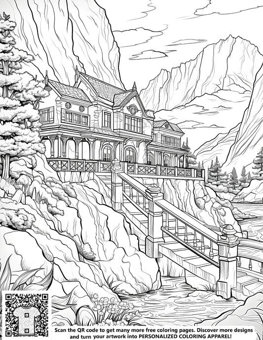 Intricate mountain scene coloring page featuring a picturesque house with a bridge over a serene river