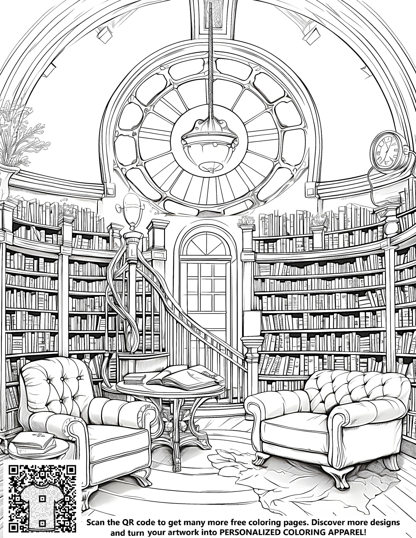 Free library coloring page for kids, detailed drawing of study room, bookshelves and chair, educational activity
